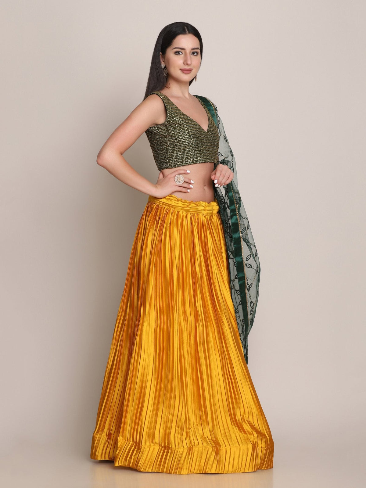 Jyoti Fashion Women's Yellow Satin Silk Platted Work Lehenga Choli with Dupatta | Grocsy