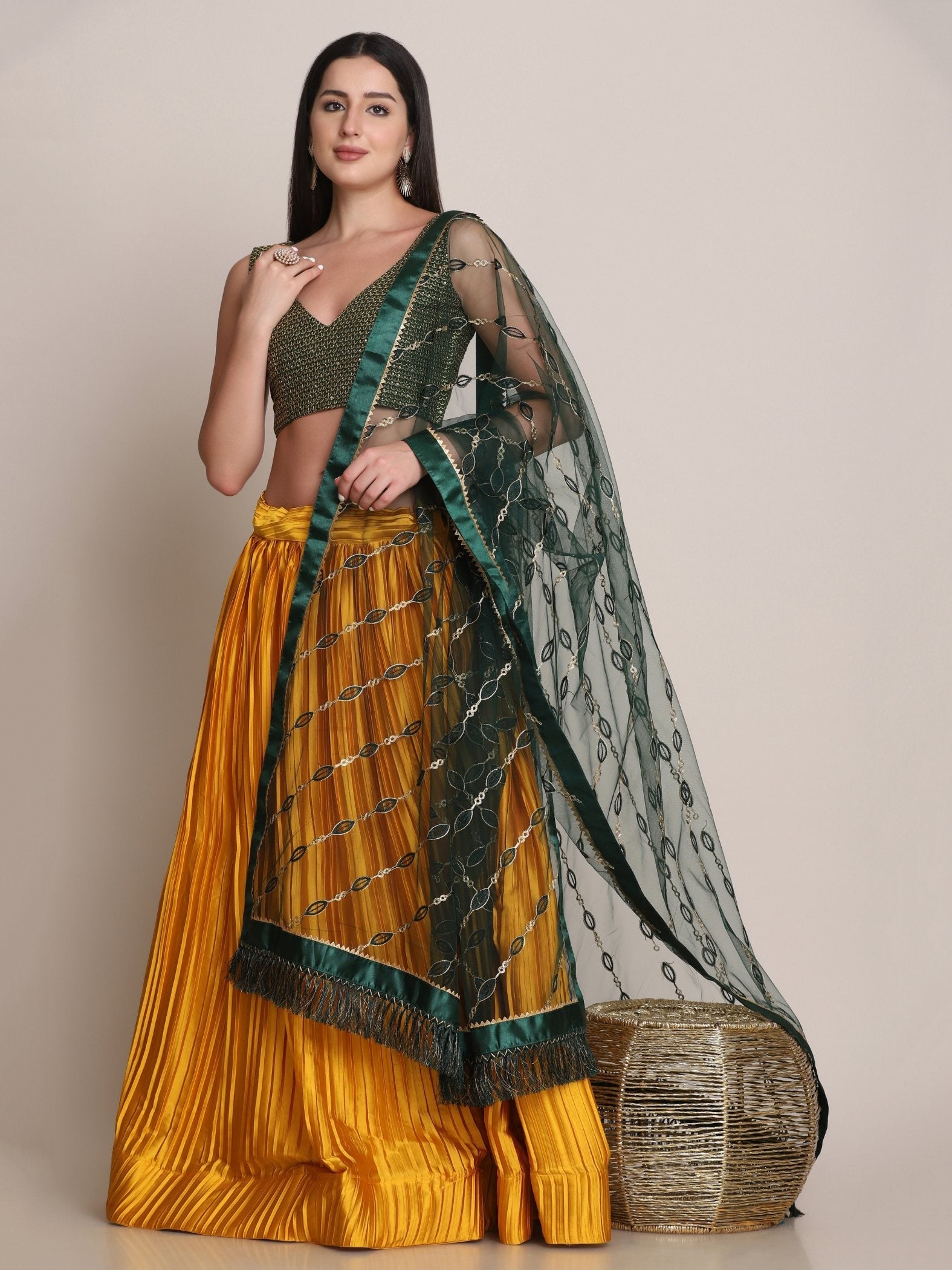 Jyoti Fashion Women's Yellow Satin Silk Platted Work Lehenga Choli with Dupatta | Grocsy