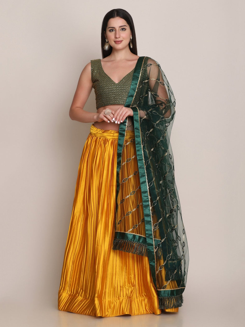 Jyoti Fashion Women's Yellow Satin Silk Platted Work Lehenga Choli with Dupatta | Grocsy