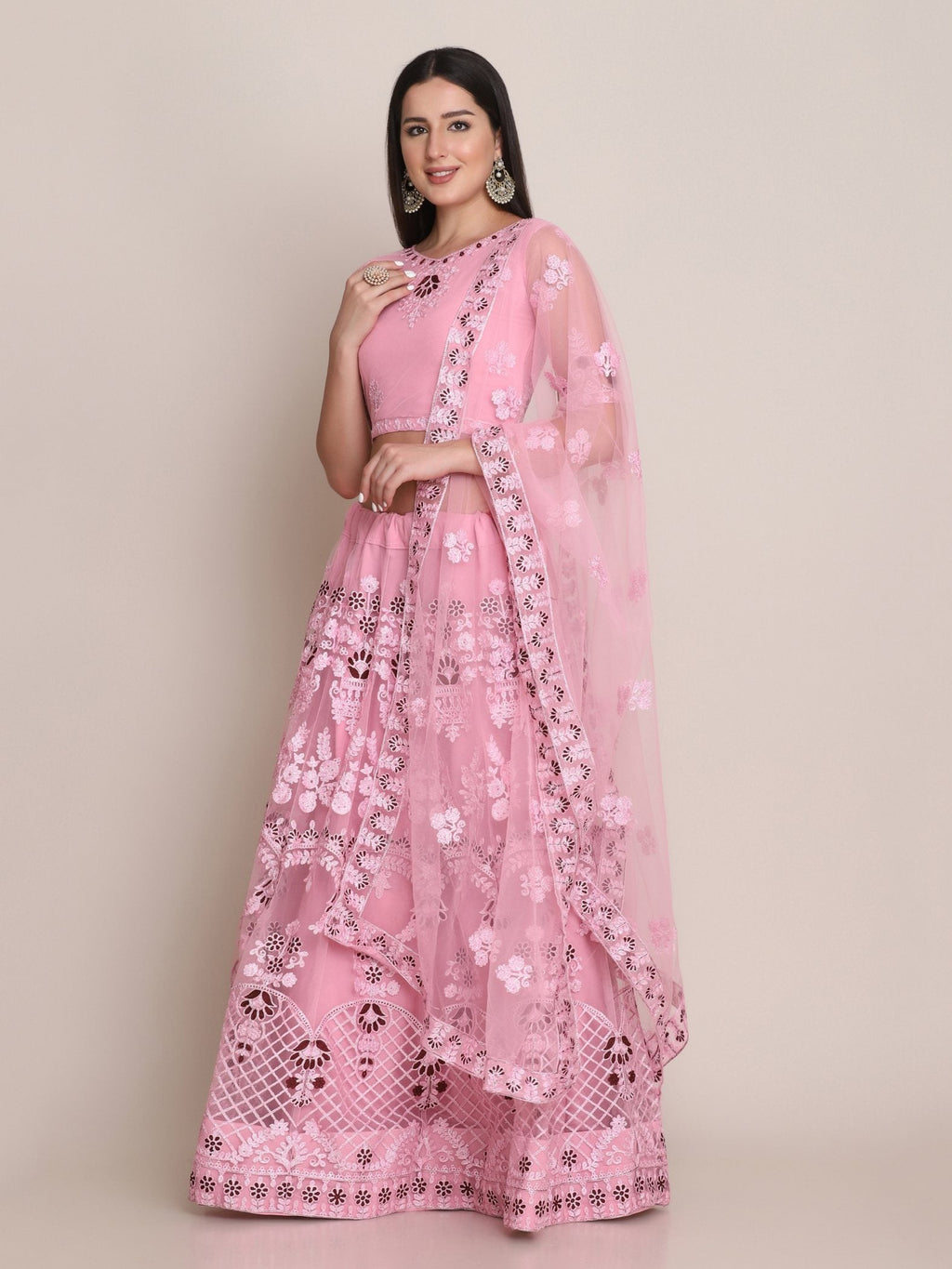 Jyoti Fashion Women's Light Pink Net Thread Embroidered Lehenga Choli with Dupatta | Grocsy