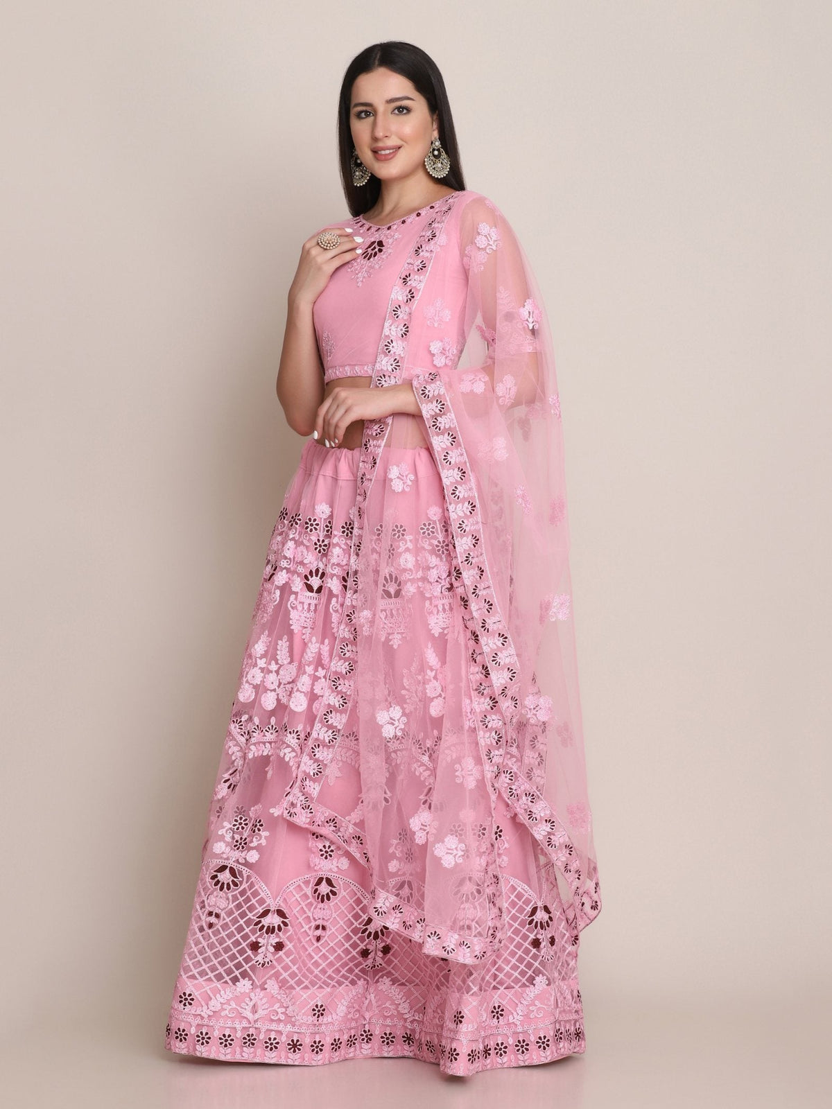 Jyoti Fashion Women's Light Pink Net Thread Embroidered Lehenga Choli with Dupatta | Grocsy