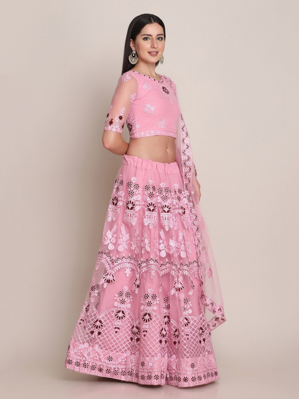 Jyoti Fashion Women's Light Pink Net Thread Embroidered Lehenga Choli with Dupatta | Grocsy