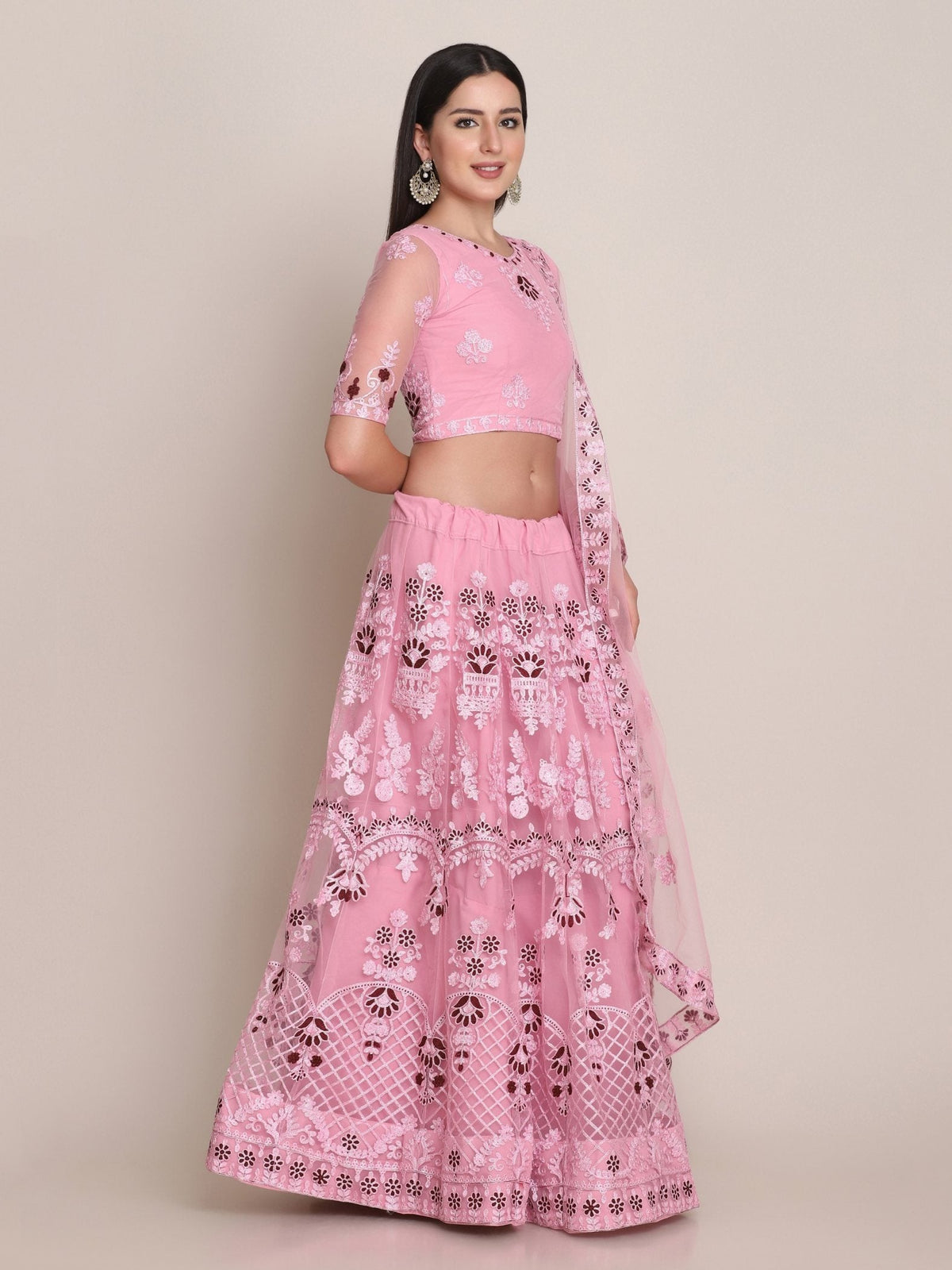 Jyoti Fashion Women's Light Pink Net Thread Embroidered Lehenga Choli with Dupatta | Grocsy