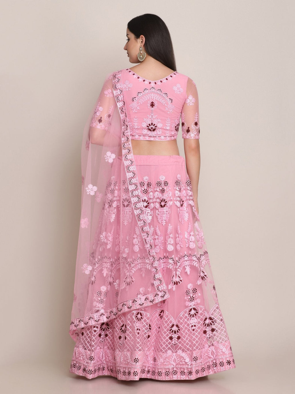 Jyoti Fashion Women's Light Pink Net Thread Embroidered Lehenga Choli with Dupatta | Grocsy