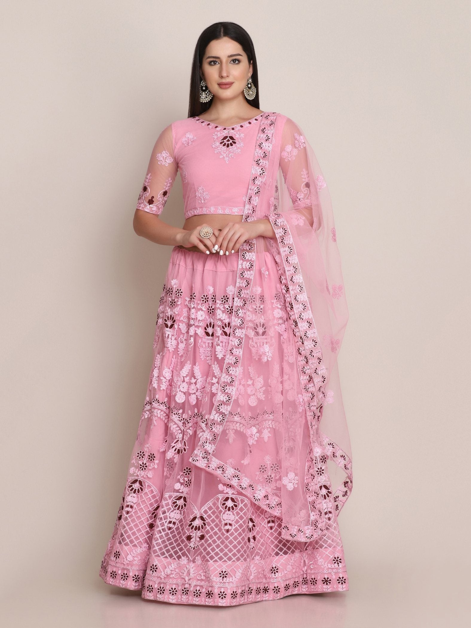 Jyoti Fashion Women's Light Pink Net Thread Embroidered Lehenga Choli with Dupatta | Grocsy