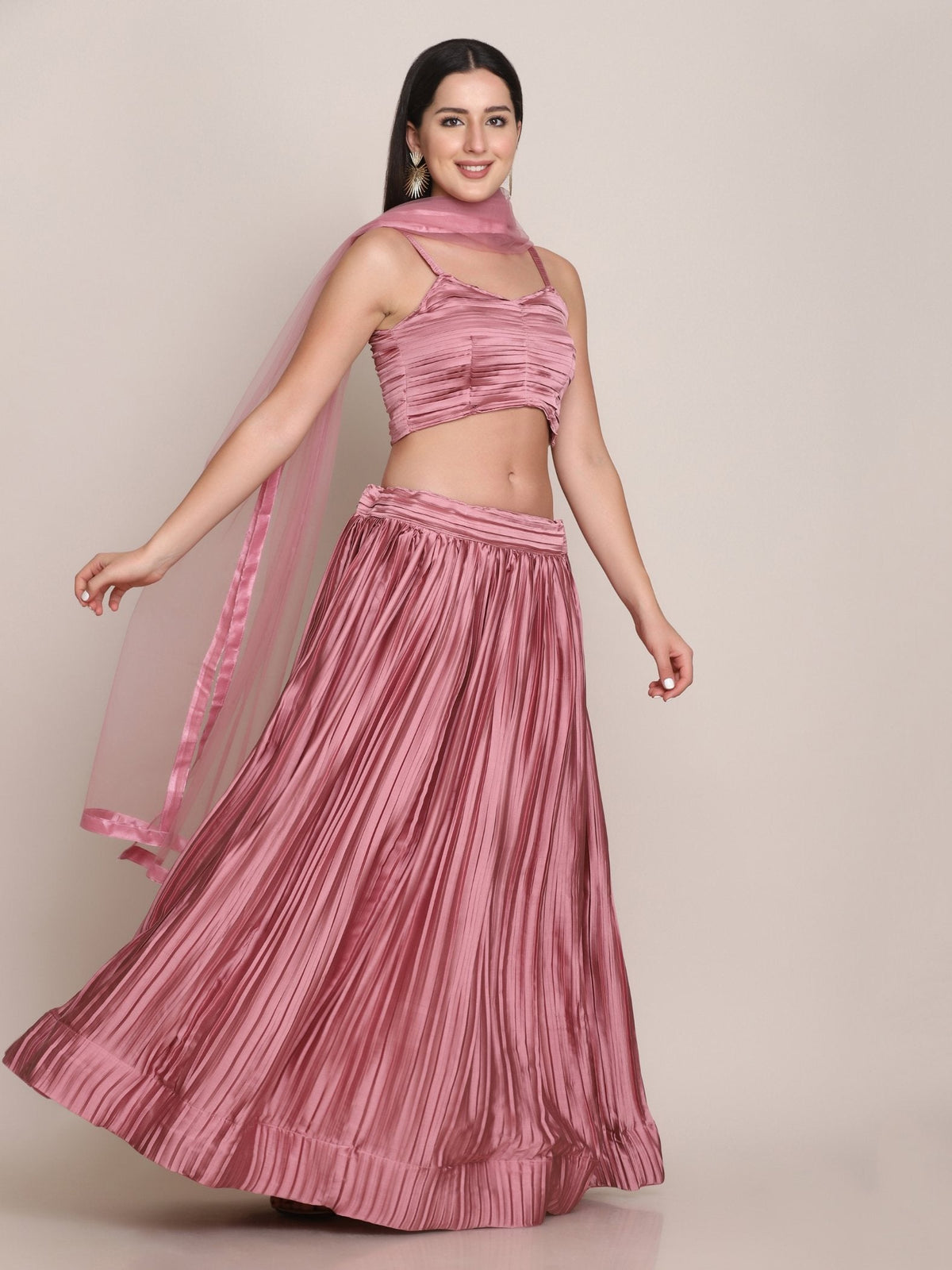 Jyoti Fashion Women's Dusty Pink Satin Silk Platted Work Lehenga Choli with Dupatta | Grocsy