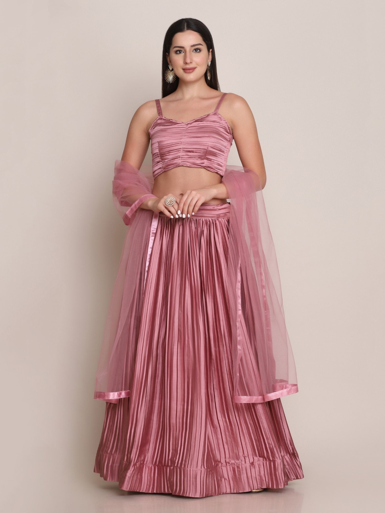 Jyoti Fashion Women's Dusty Pink Satin Silk Platted Work Lehenga Choli with Dupatta | Grocsy