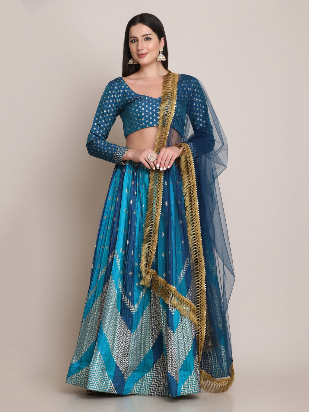 Jyoti Fashion Women's Rama Silk Blend Zari Woven Lehenga Choli with Dupatta | Grocsy