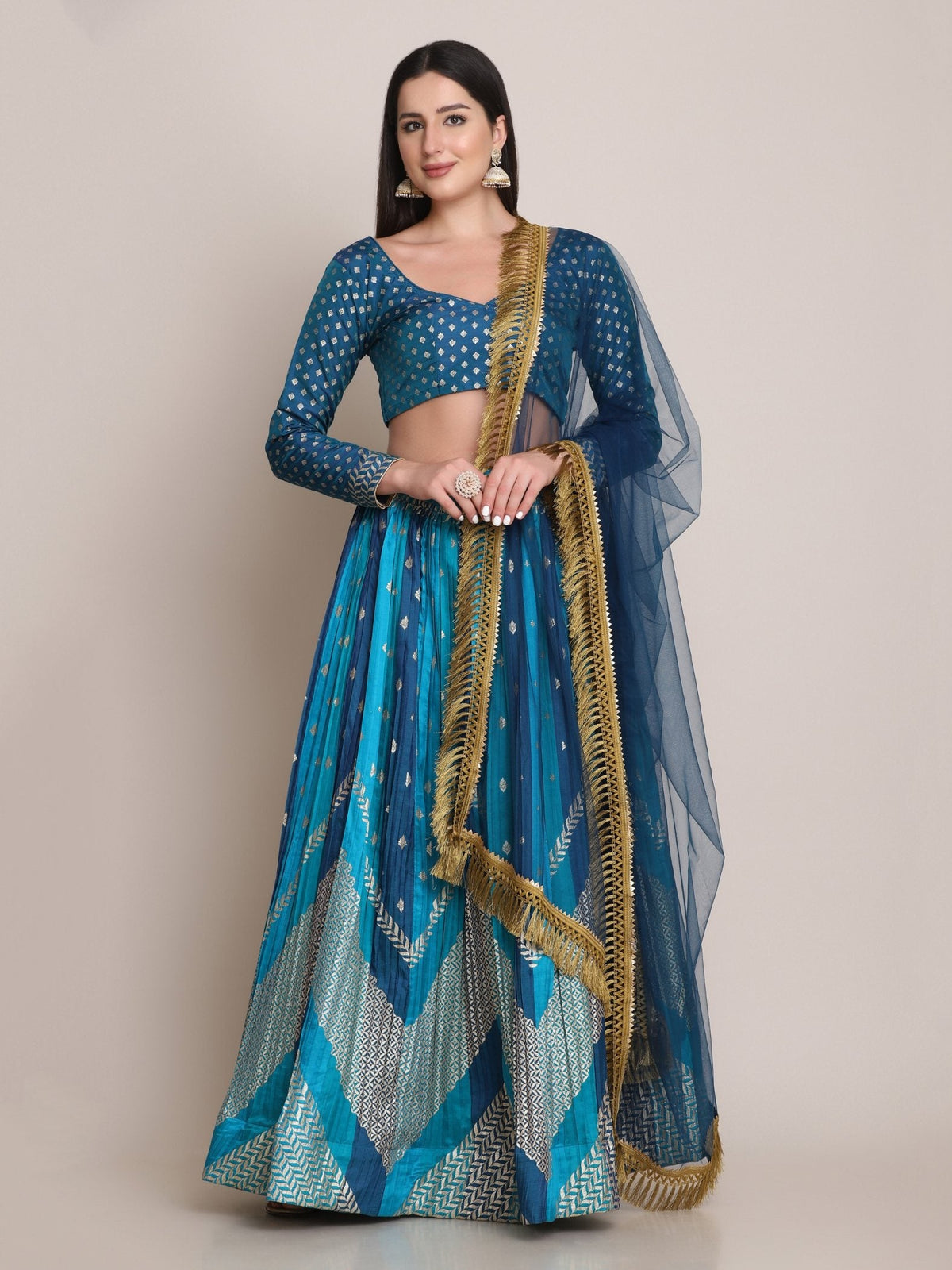 Jyoti Fashion Women's Rama Silk Blend Zari Woven Lehenga Choli with Dupatta | Grocsy