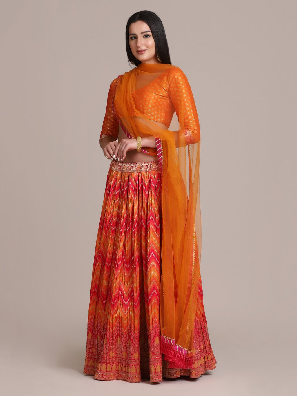 Jyoti Fashion Women's Orange Silk Blend Zari Woven Lehenga Choli with Dupatta | Grocsy