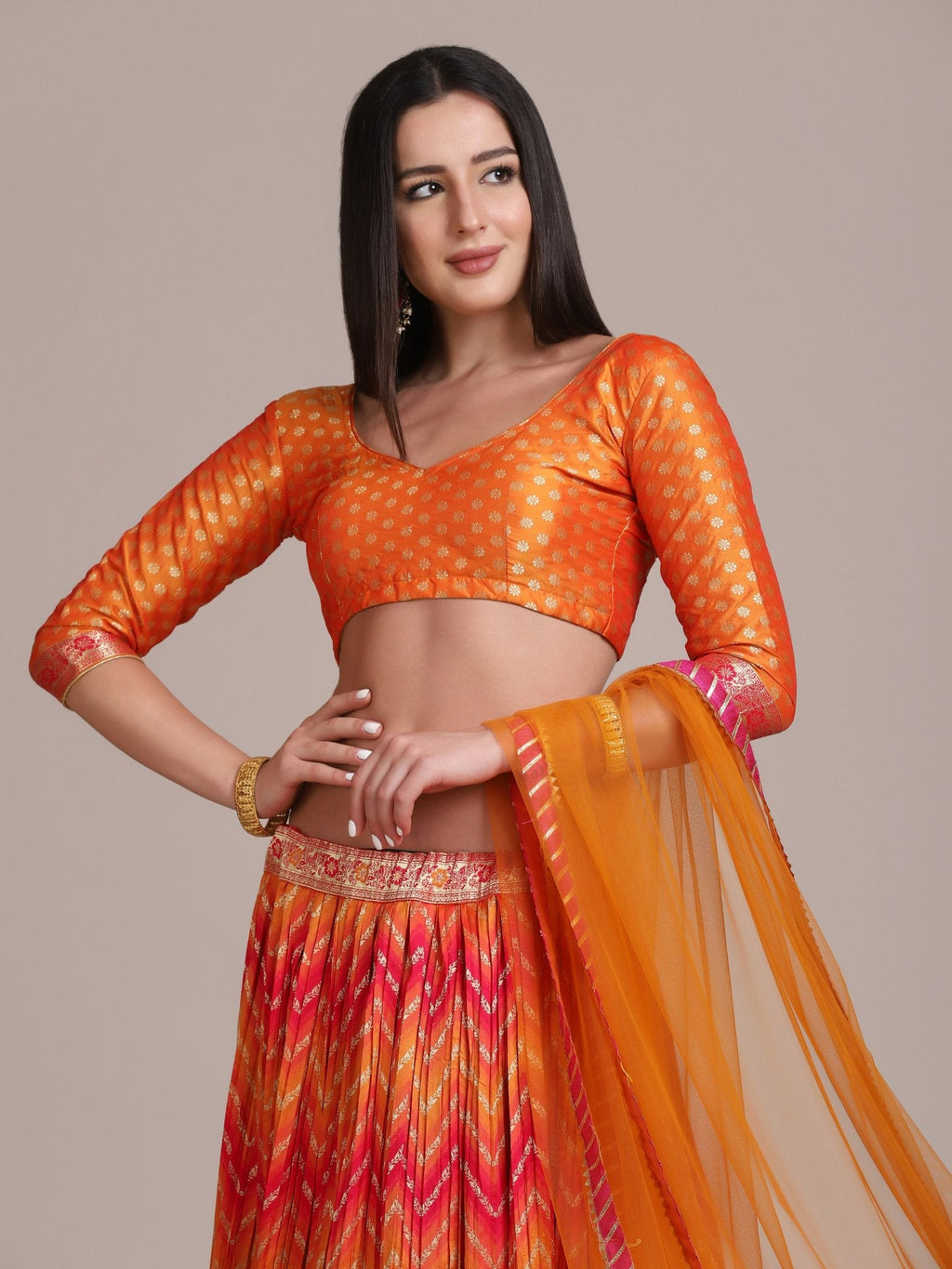Jyoti Fashion Women's Orange Silk Blend Zari Woven Lehenga Choli with Dupatta | Grocsy