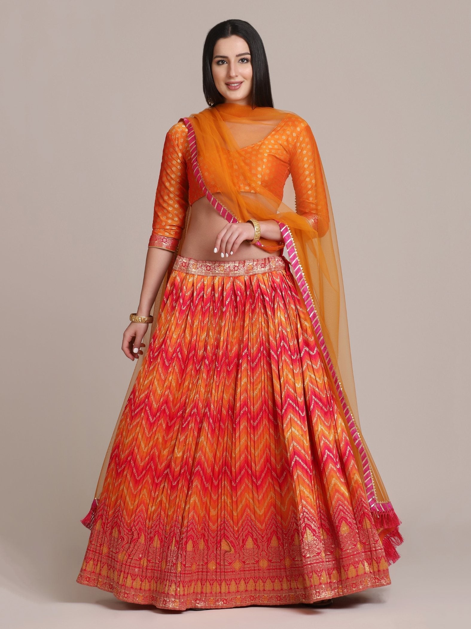 Jyoti Fashion Women's Orange Silk Blend Zari Woven Lehenga Choli with Dupatta | Grocsy