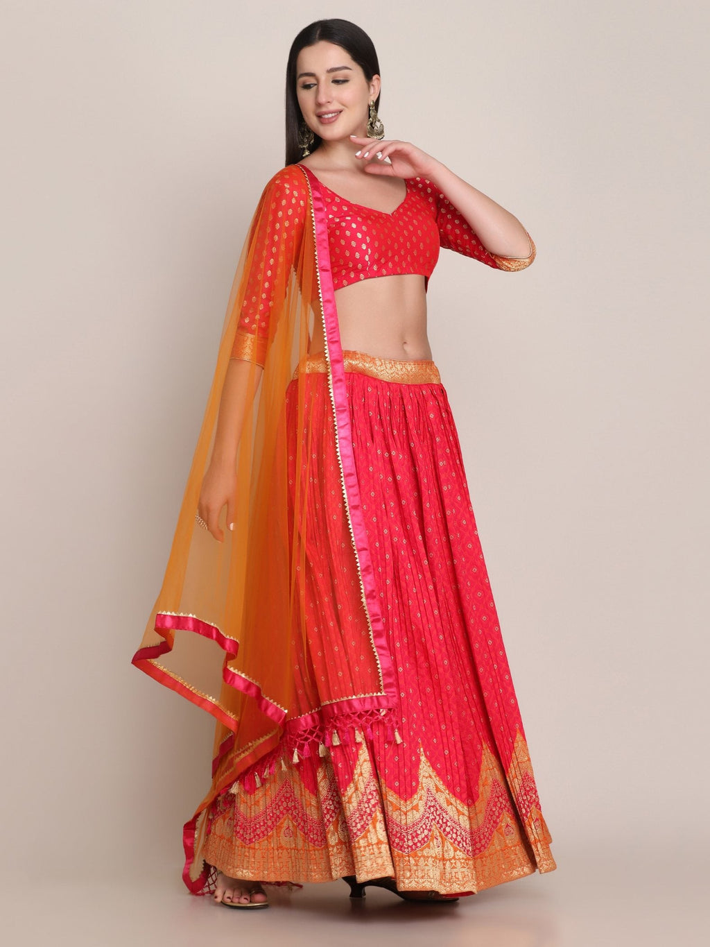 Jyoti Fashion Women's Pink Silk Blend Zari Woven Lehenga Choli with Dupatta | Grocsy