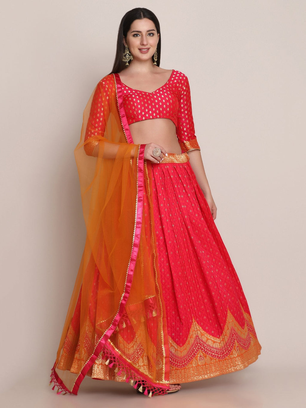 Jyoti Fashion Women's Pink Silk Blend Zari Woven Lehenga Choli with Dupatta | Grocsy