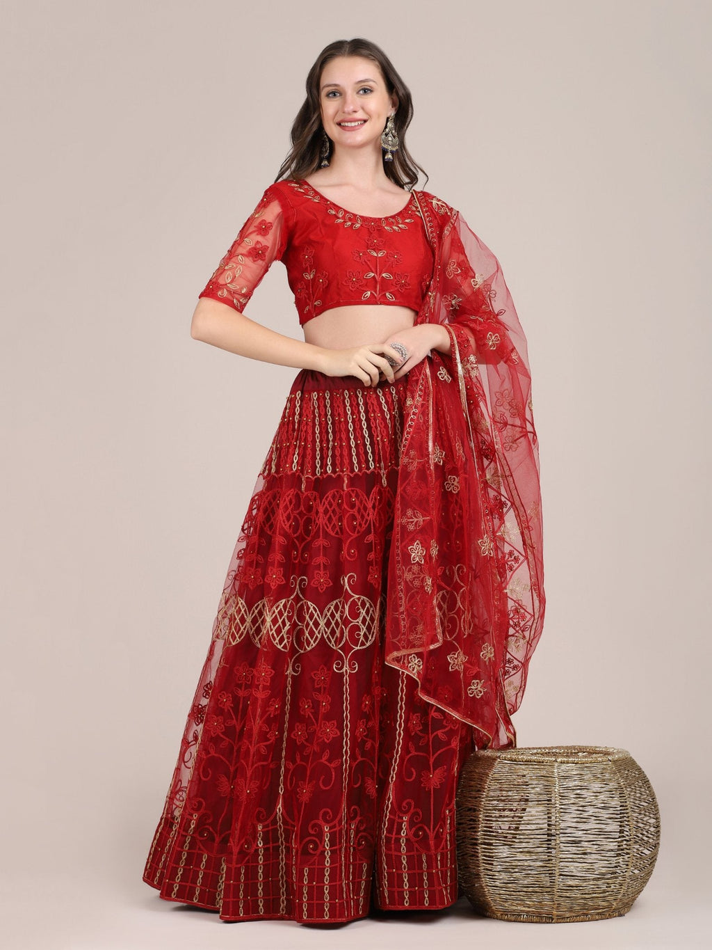 Jyoti Fashion Women's Maroon Net Thread Embroidered Lehenga Choli with Dupatta | Grocsy