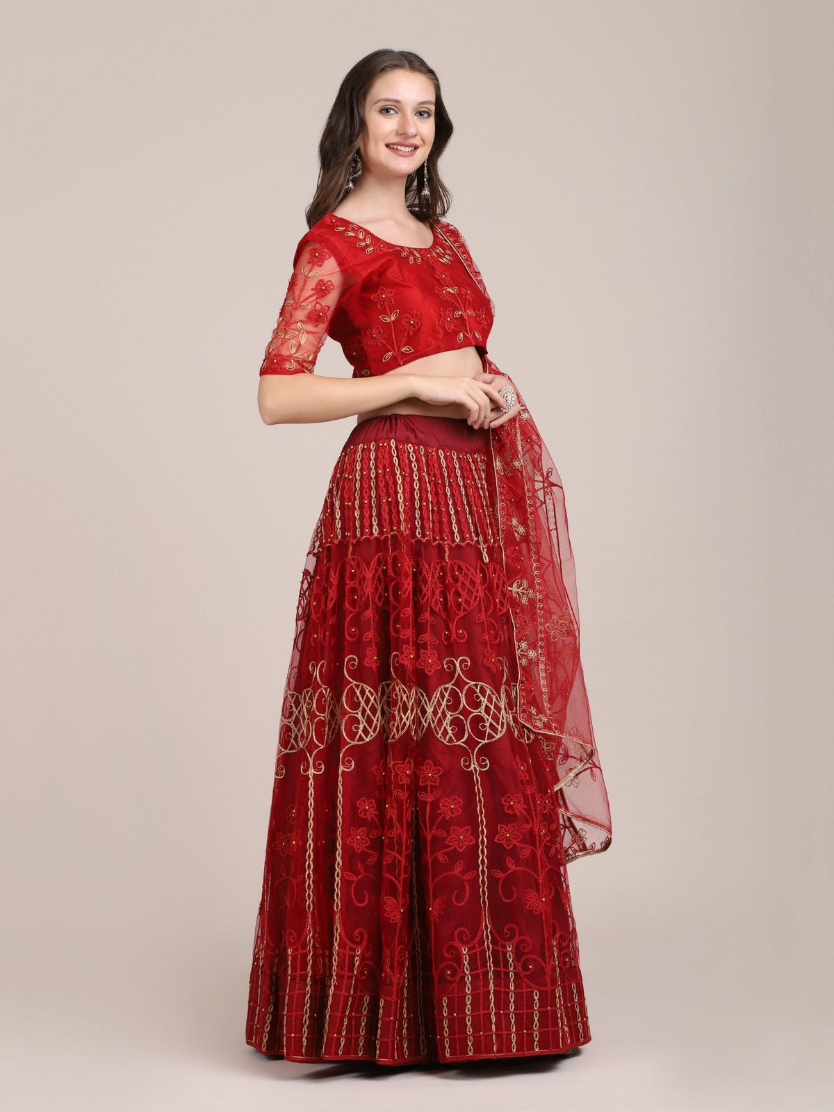 Jyoti Fashion Women's Maroon Net Thread Embroidered Lehenga Choli with Dupatta | Grocsy