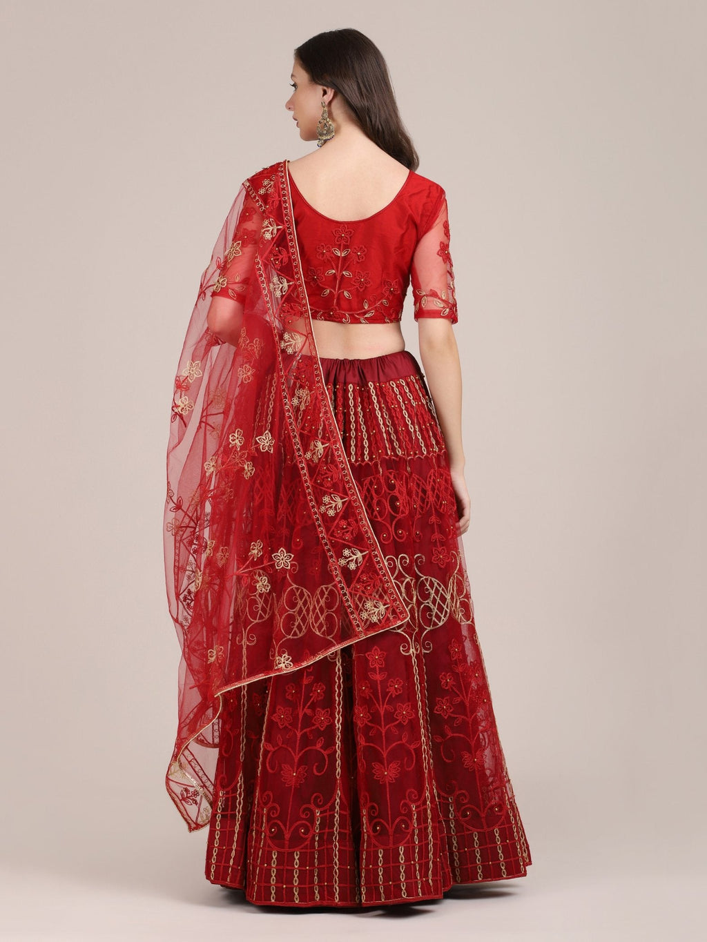 Jyoti Fashion Women's Maroon Net Thread Embroidered Lehenga Choli with Dupatta | Grocsy