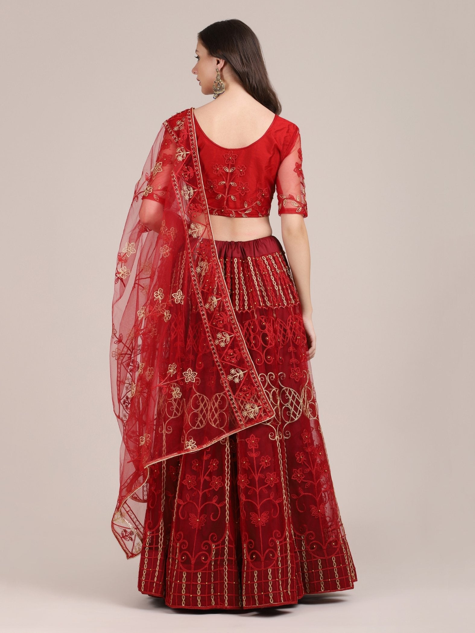 Jyoti Fashion Women's Maroon Net Thread Embroidered Lehenga Choli with Dupatta | Grocsy