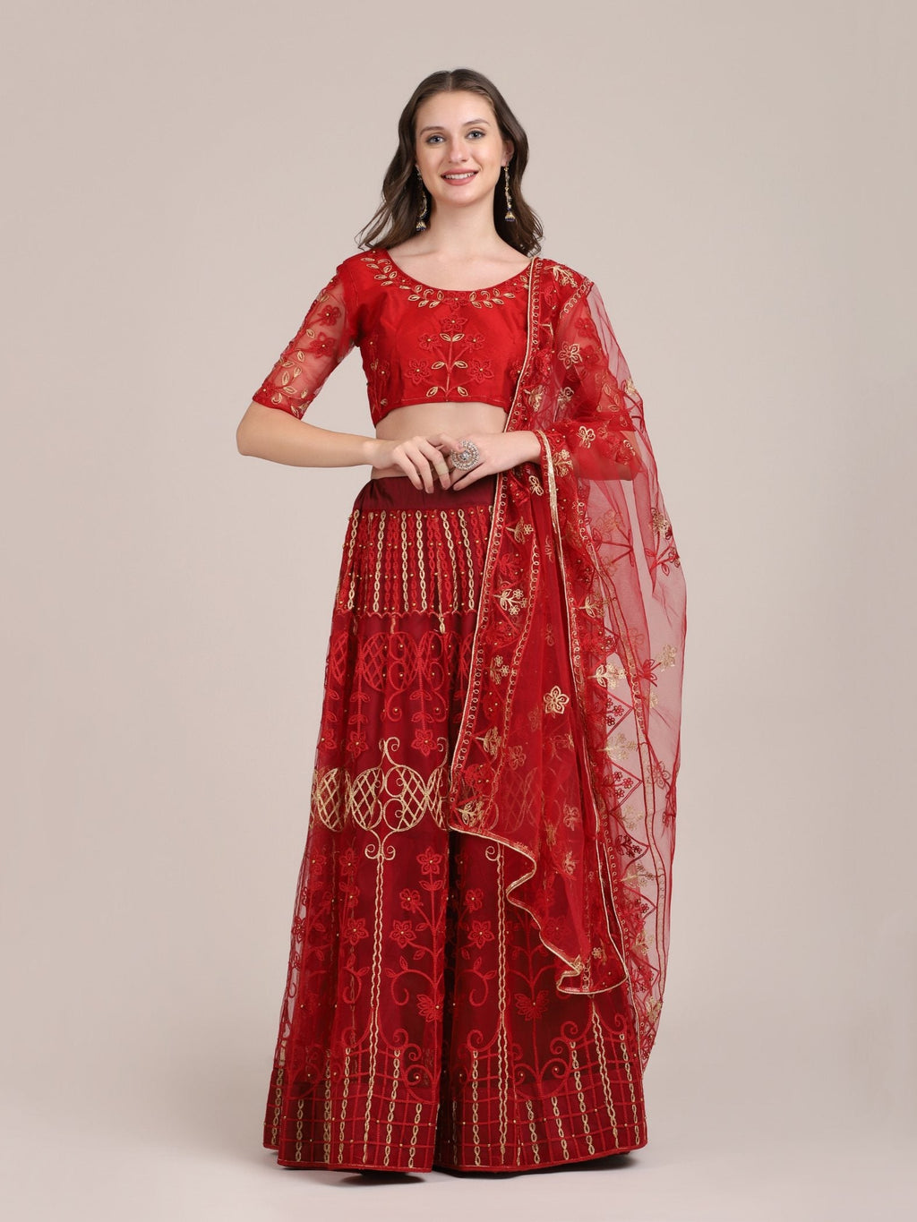 Jyoti Fashion Women's Maroon Net Thread Embroidered Lehenga Choli with Dupatta | Grocsy