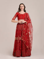 Jyoti Fashion Women's Maroon Net Thread Embroidered Lehenga Choli with Dupatta | Grocsy
