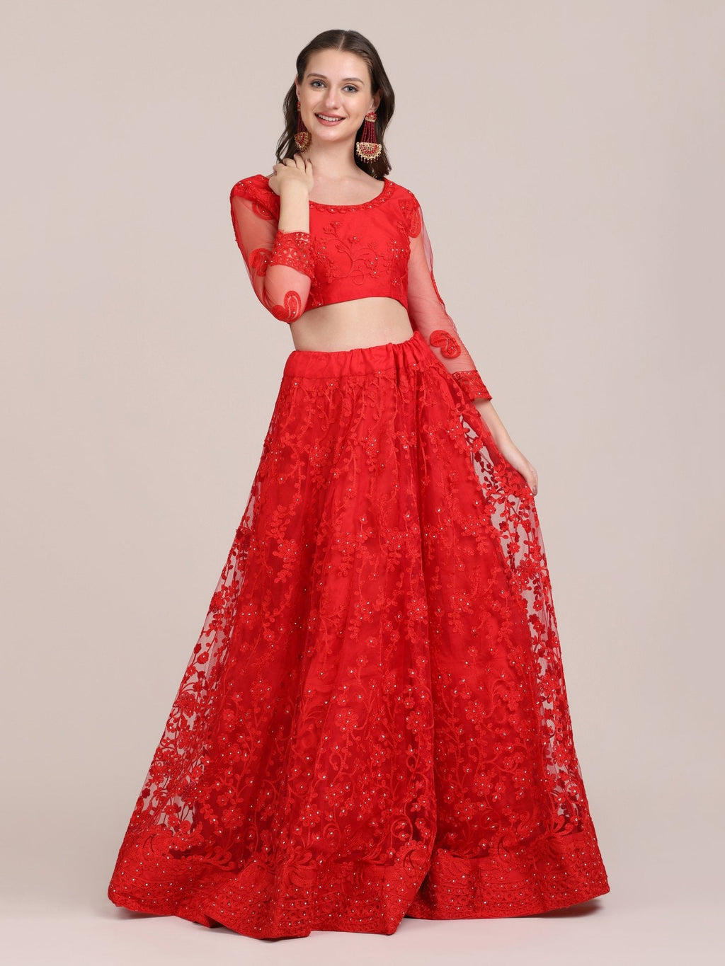 Jyoti Fashion Women's Red Net Thread Embroidered Lehenga Choli with Dupatta | Grocsy