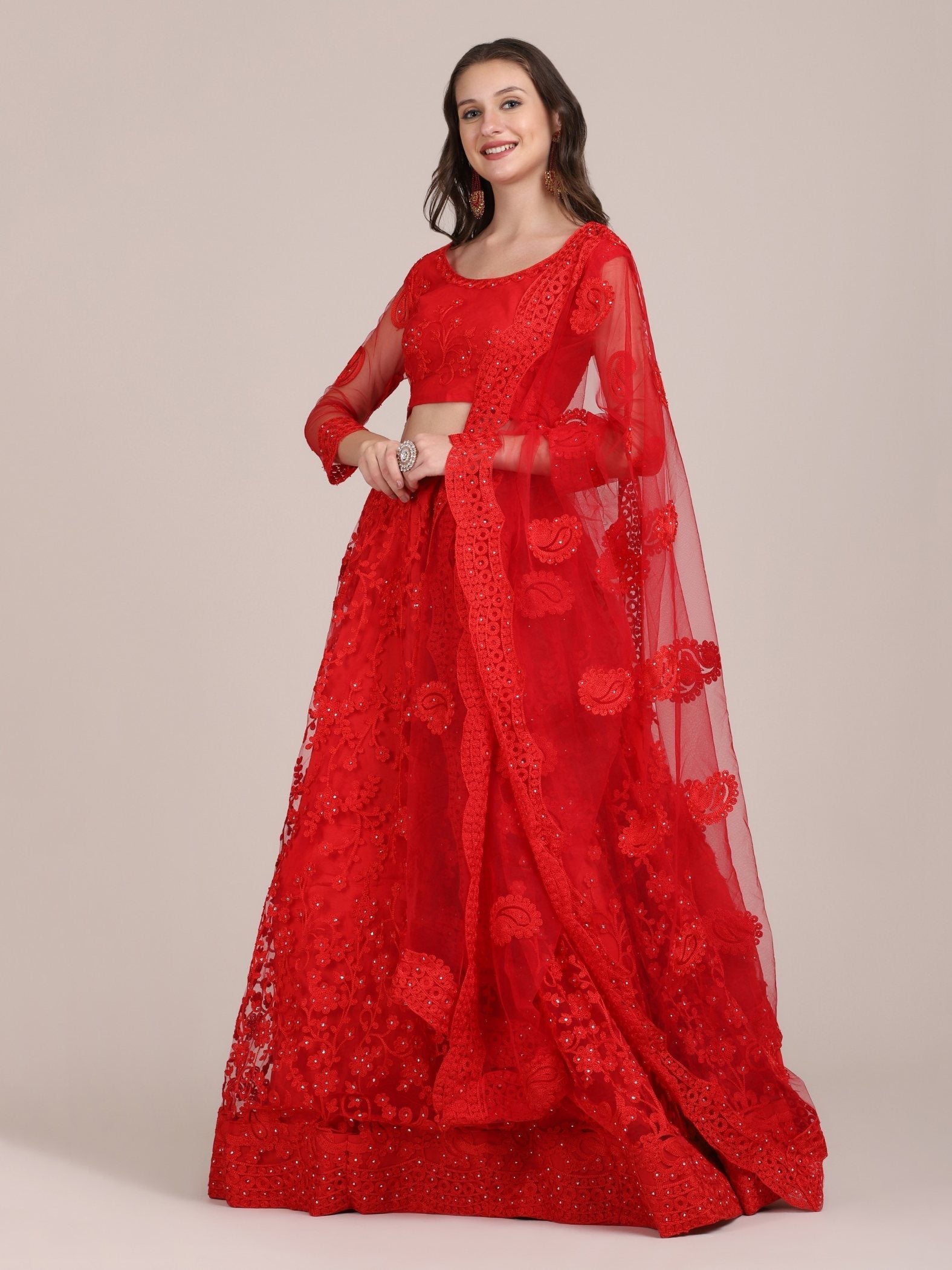 Jyoti Fashion Women's Red Net Thread Embroidered Lehenga Choli with Dupatta | Grocsy