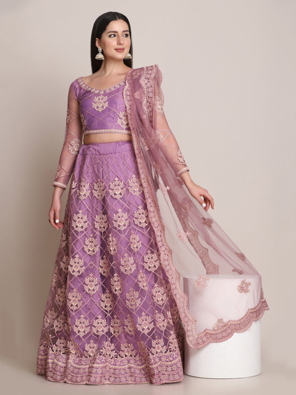 Jyoti Fashion Women's Purple Net Thread Embroidered Lehenga Choli with Dupatta | Grocsy