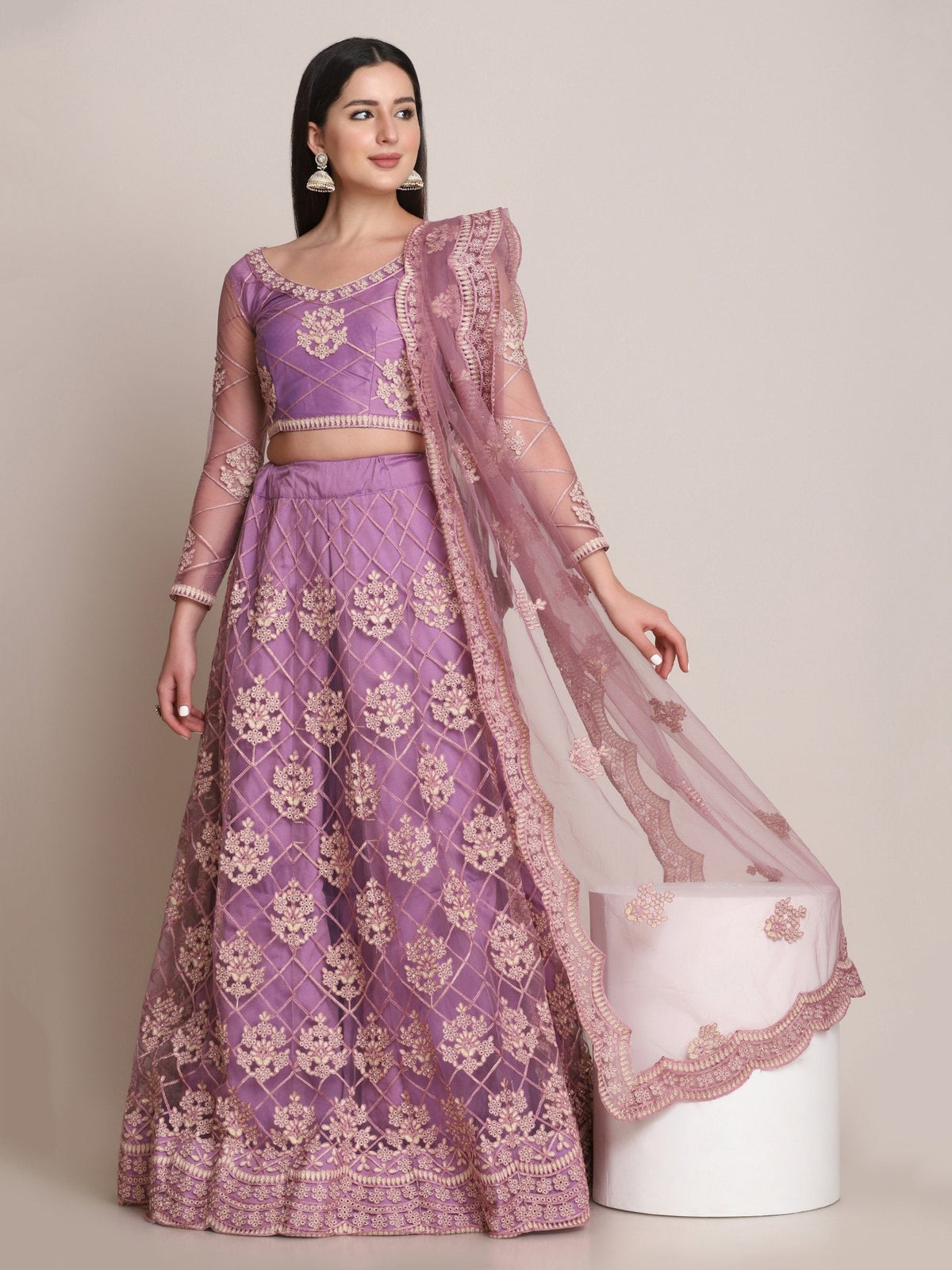 Jyoti Fashion Women's Purple Net Thread Embroidered Lehenga Choli with Dupatta | Grocsy