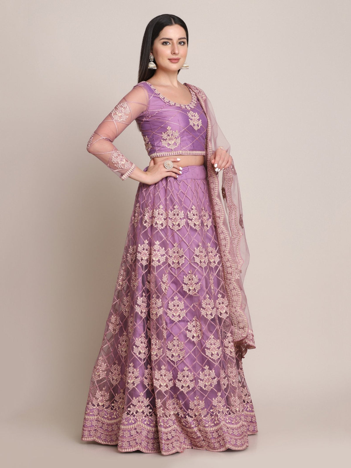Jyoti Fashion Women's Purple Net Thread Embroidered Lehenga Choli with Dupatta | Grocsy
