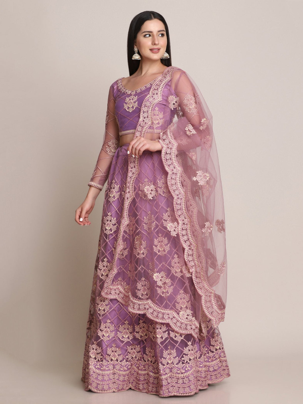 Jyoti Fashion Women's Purple Net Thread Embroidered Lehenga Choli with Dupatta | Grocsy
