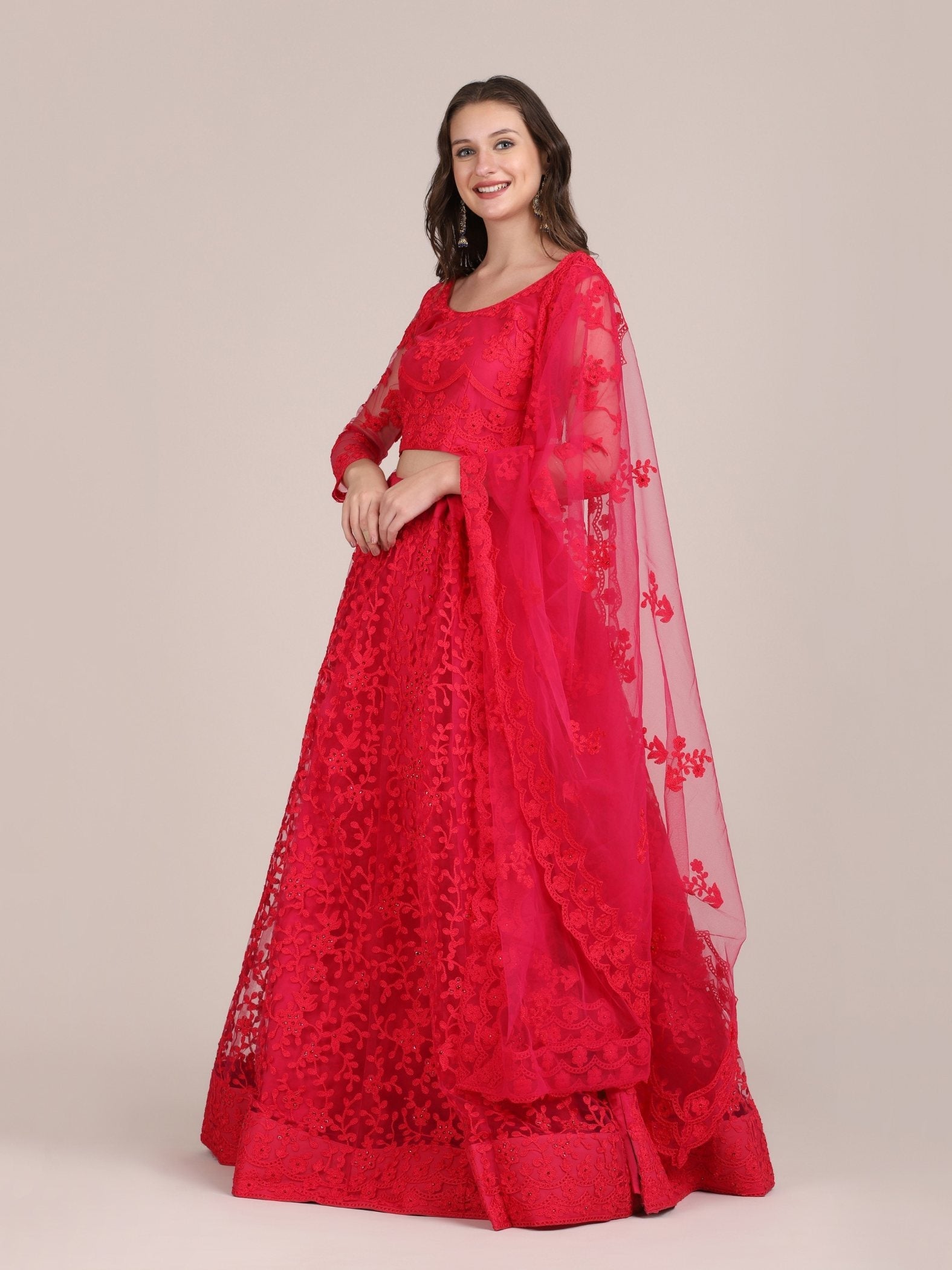 Jyoti Fashion Women's Pink Net Thread Embroidered Lehenga Choli with Dupatta | Grocsy