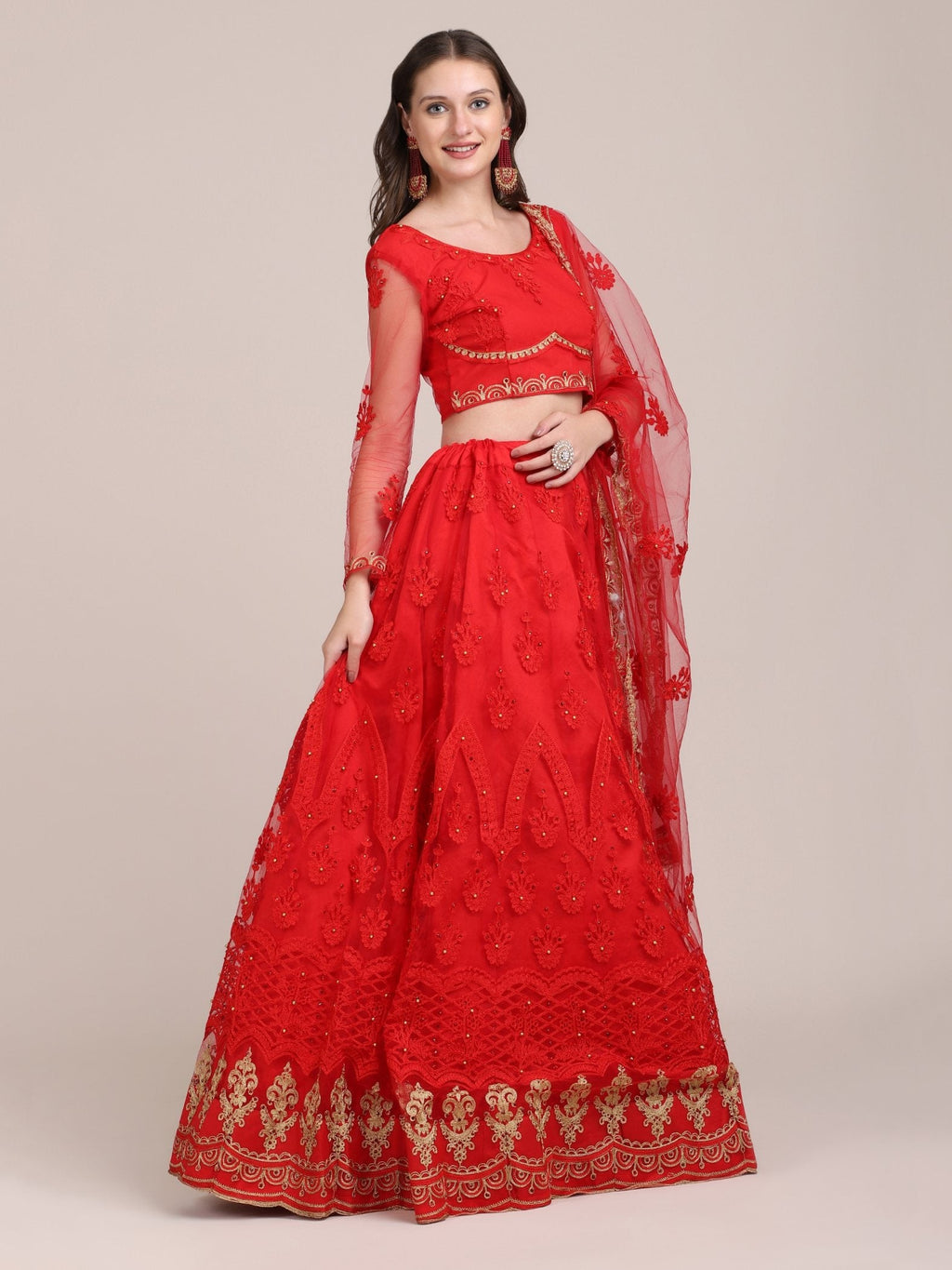 Jyoti Fashion Women's Red Net Thread Embroidered Lehenga Choli with Dupatta | Grocsy