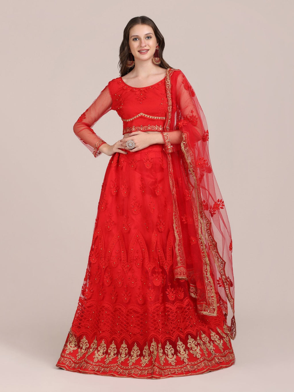 Jyoti Fashion Women's Red Net Thread Embroidered Lehenga Choli with Dupatta | Grocsy