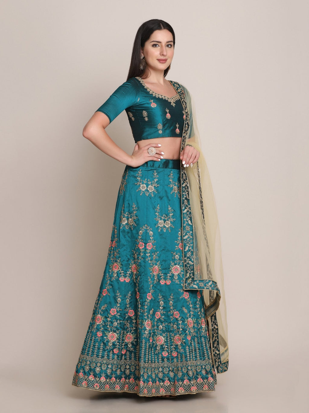Jyoti Fashion Women's Teal Taffeta Silk Thread Embroidered Lehenga Choli with Dupatta | Grocsy