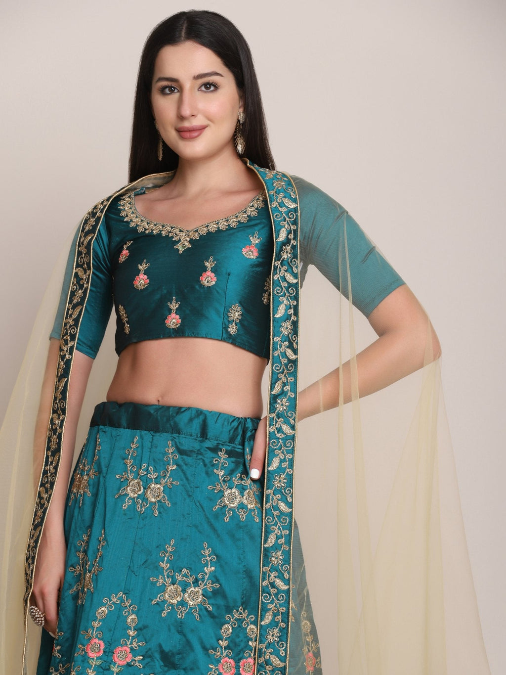 Jyoti Fashion Women's Teal Taffeta Silk Thread Embroidered Lehenga Choli with Dupatta | Grocsy