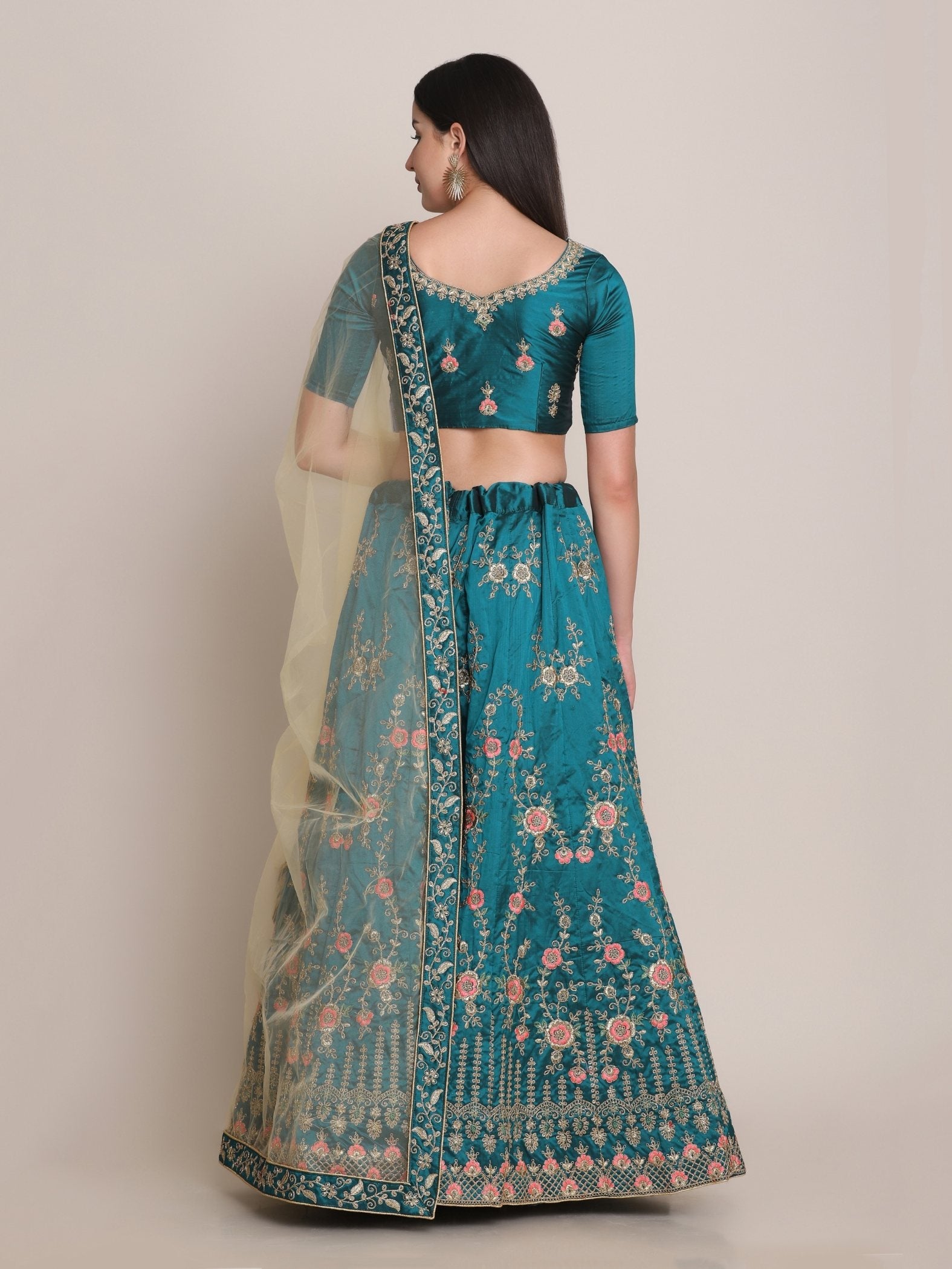 Jyoti Fashion Women's Teal Taffeta Silk Thread Embroidered Lehenga Choli with Dupatta | Grocsy