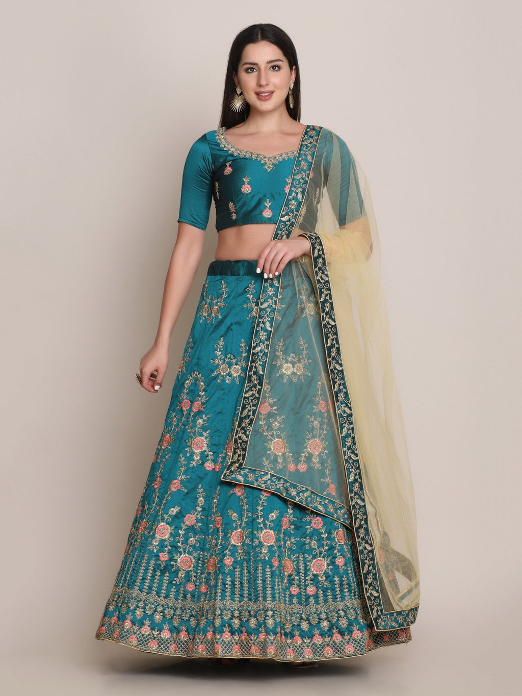 Jyoti Fashion Women's Teal Taffeta Silk Thread Embroidered Lehenga Choli with Dupatta | Grocsy