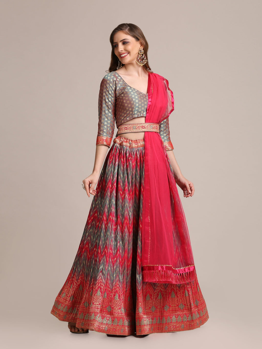 Jyoti Fashion Women's Grey Jacquard Silk Gold Woven & Platted Work Lehenga Choli with Dupatta | Grocsy