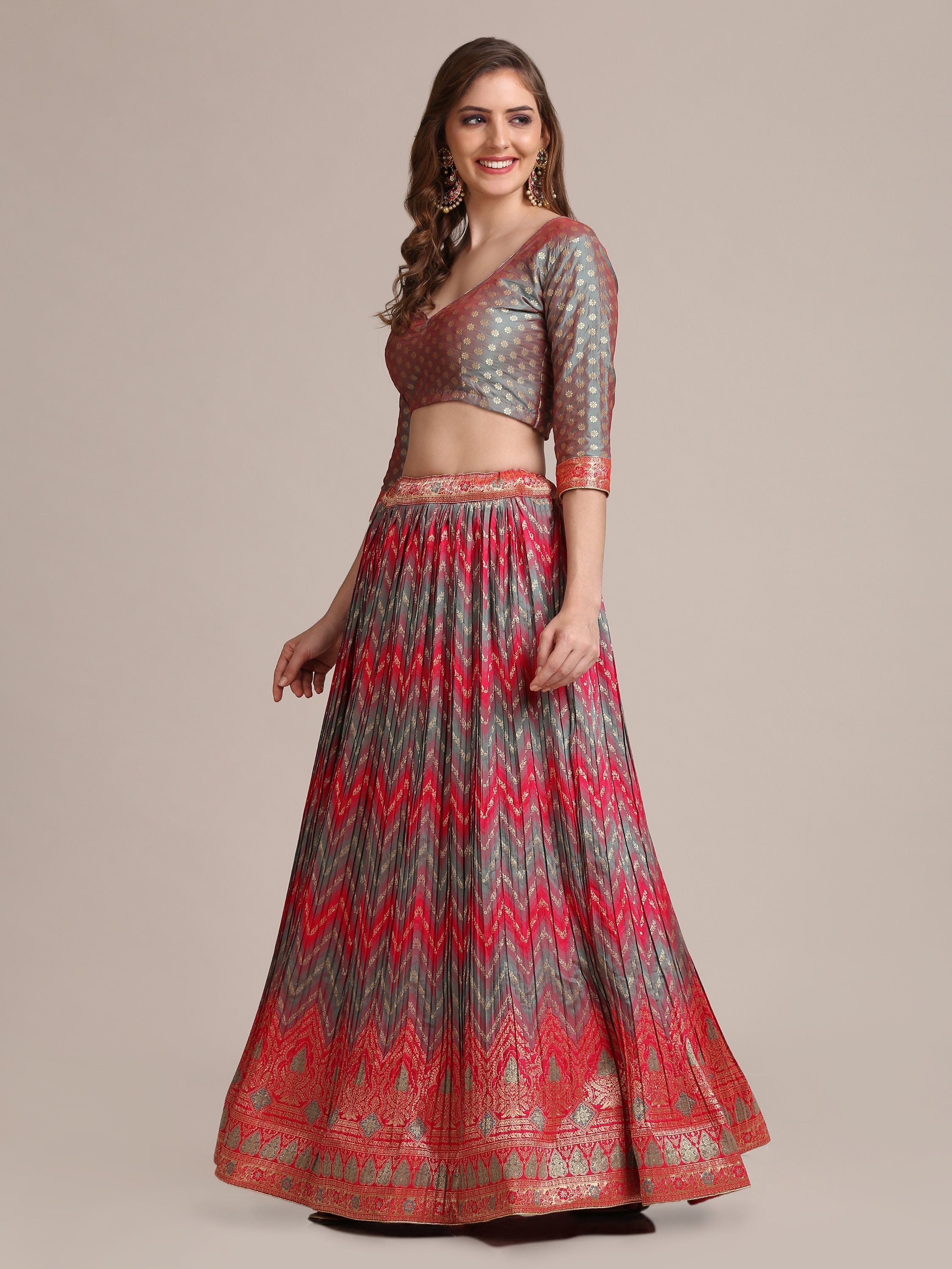 Jyoti Fashion Women's Grey Jacquard Silk Gold Woven & Platted Work Lehenga Choli with Dupatta | Grocsy