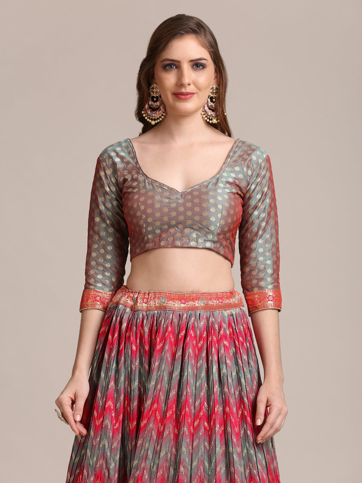 Jyoti Fashion Women's Grey Jacquard Silk Gold Woven & Platted Work Lehenga Choli with Dupatta | Grocsy