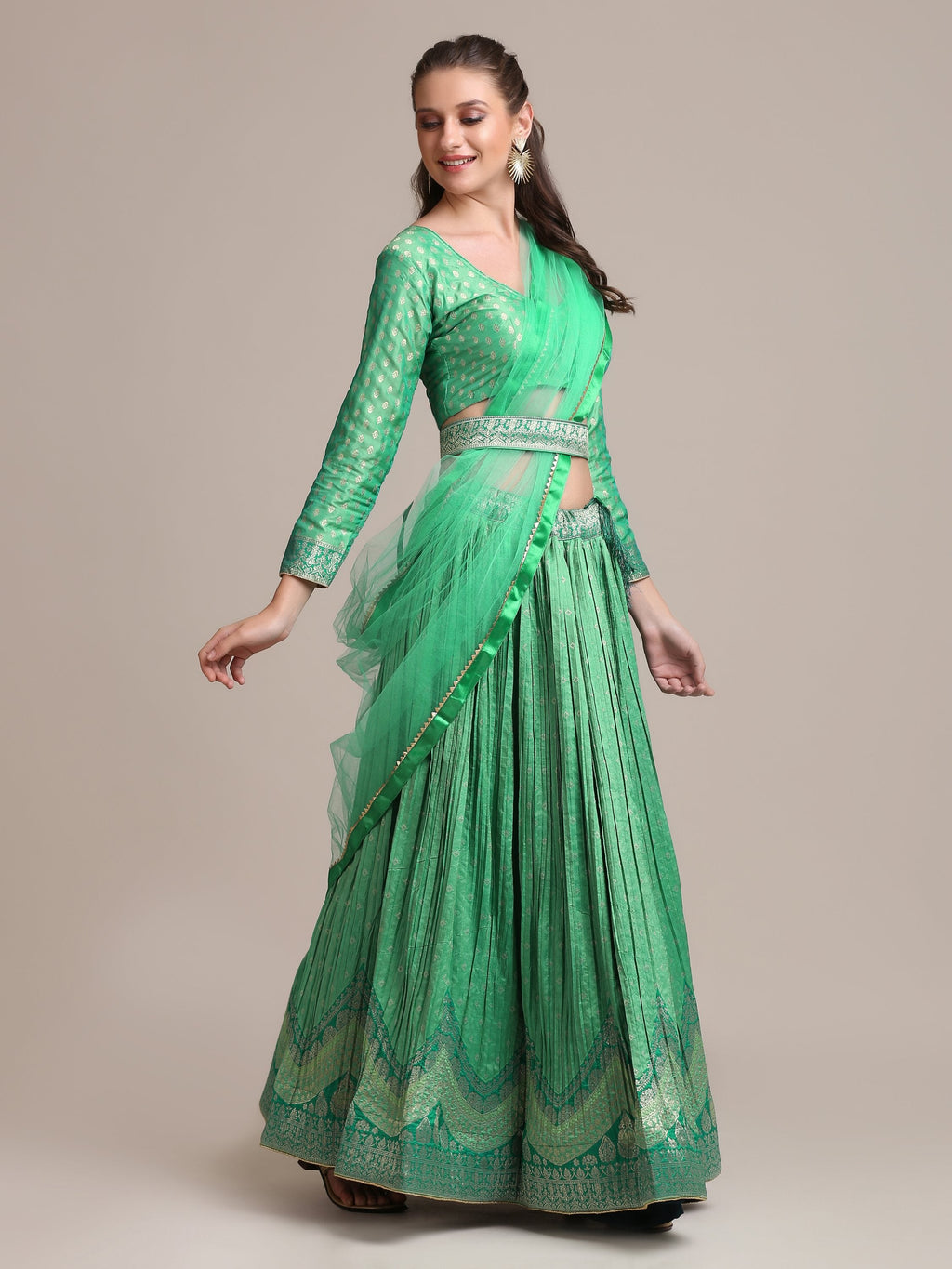 Jyoti Fashion Women's Sea Green Jacquard Silk Gold Woven & Platted Work Lehenga Choli with Dupatta | Grocsy