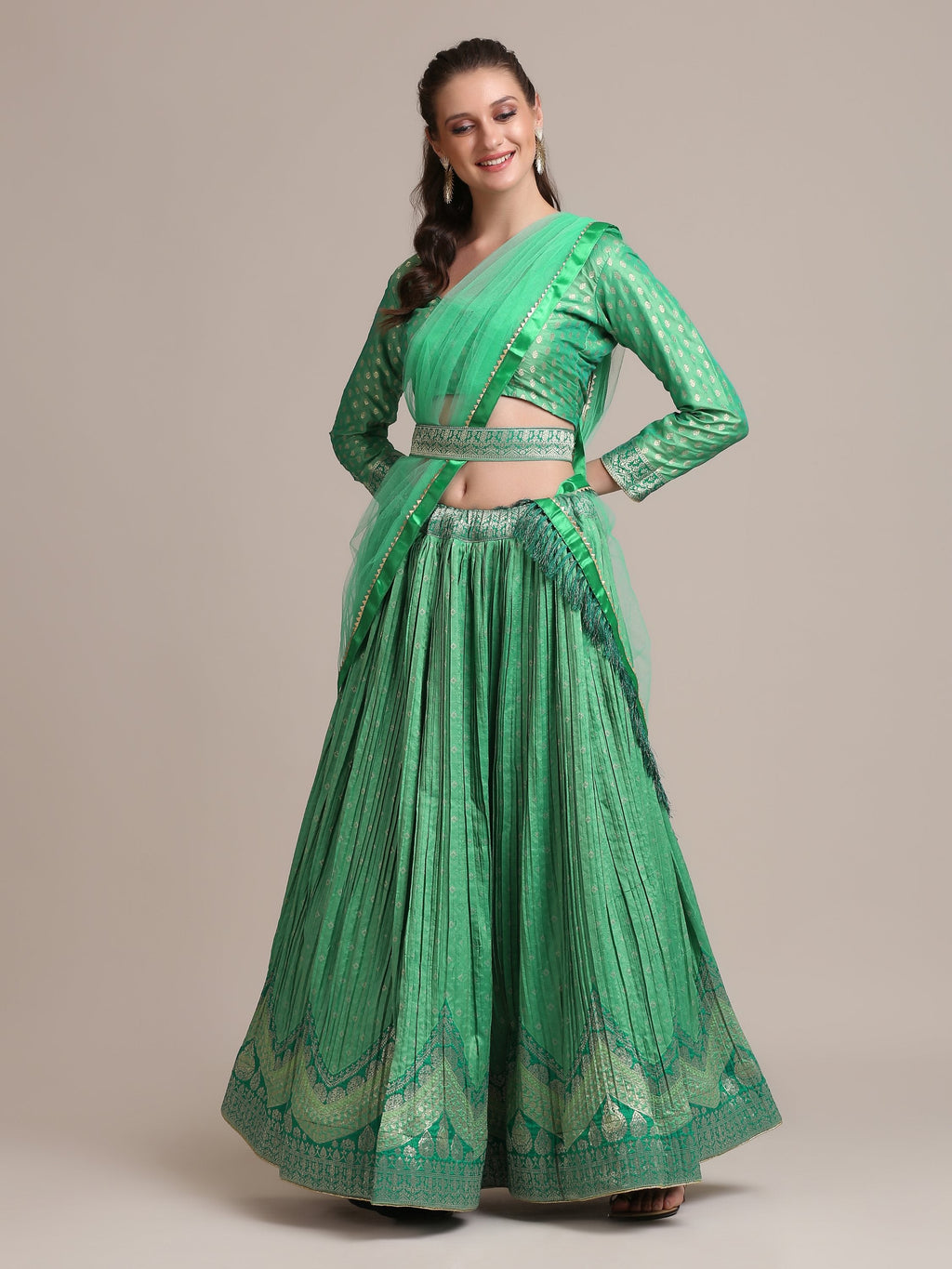 Jyoti Fashion Women's Sea Green Jacquard Silk Gold Woven & Platted Work Lehenga Choli with Dupatta | Grocsy