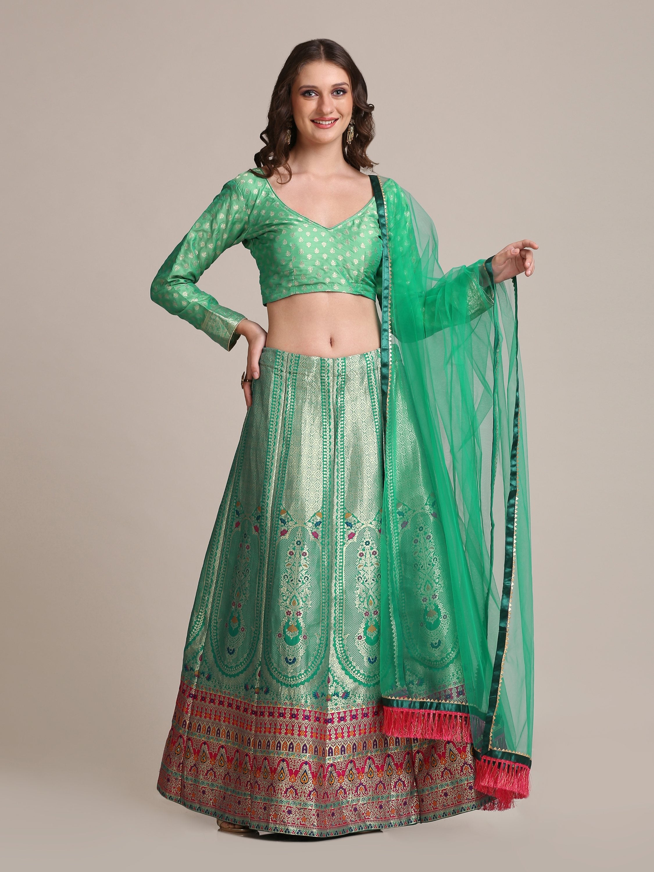Jyoti Fashion Women's Sea Green Jacquard Silk Gold Woven Work Lehenga Choli with Dupatta | Grocsy