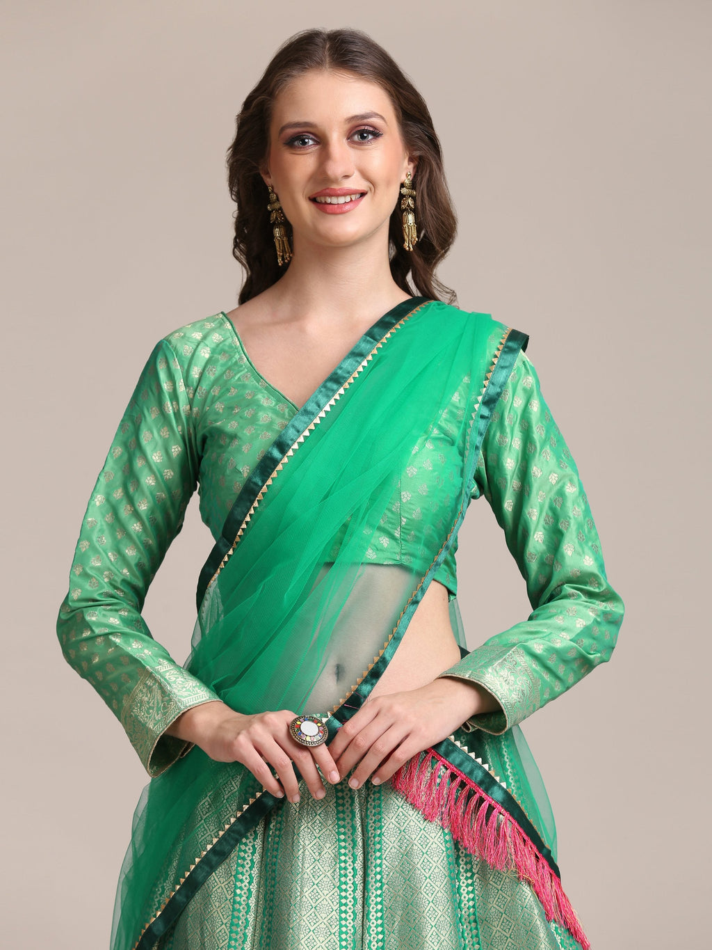 Jyoti Fashion Women's Sea Green Jacquard Silk Gold Woven Work Lehenga Choli with Dupatta | Grocsy