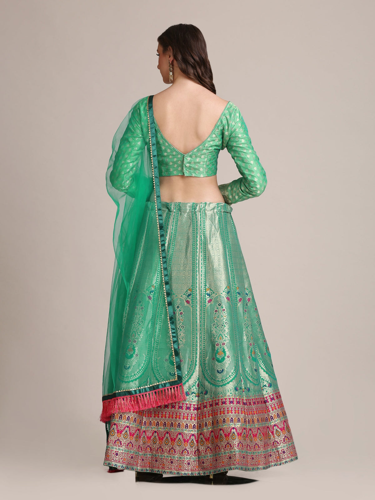 Jyoti Fashion Women's Sea Green Jacquard Silk Gold Woven Work Lehenga Choli with Dupatta | Grocsy