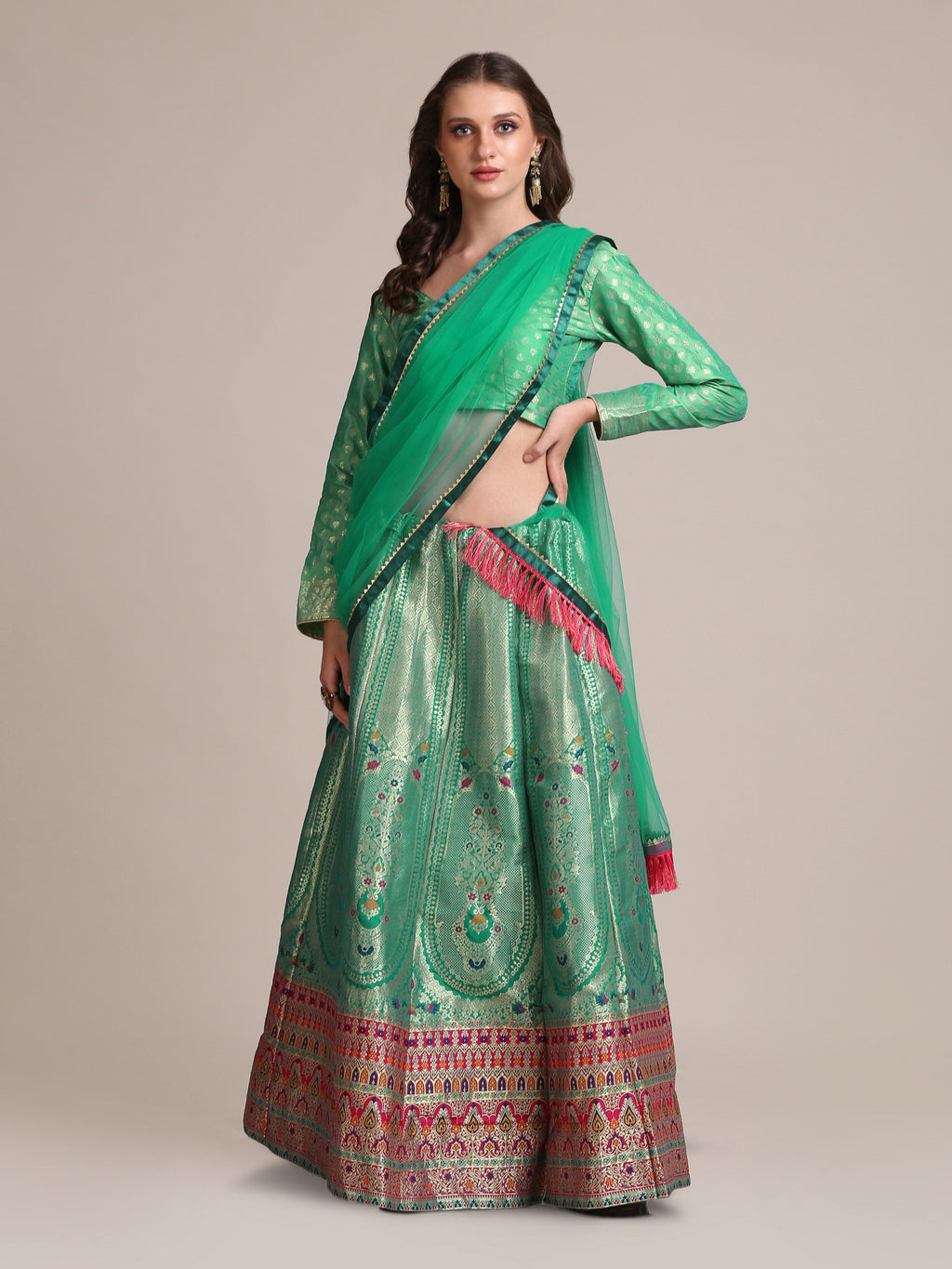 Jyoti Fashion Women's Sea Green Jacquard Silk Gold Woven Work Lehenga Choli with Dupatta | Grocsy