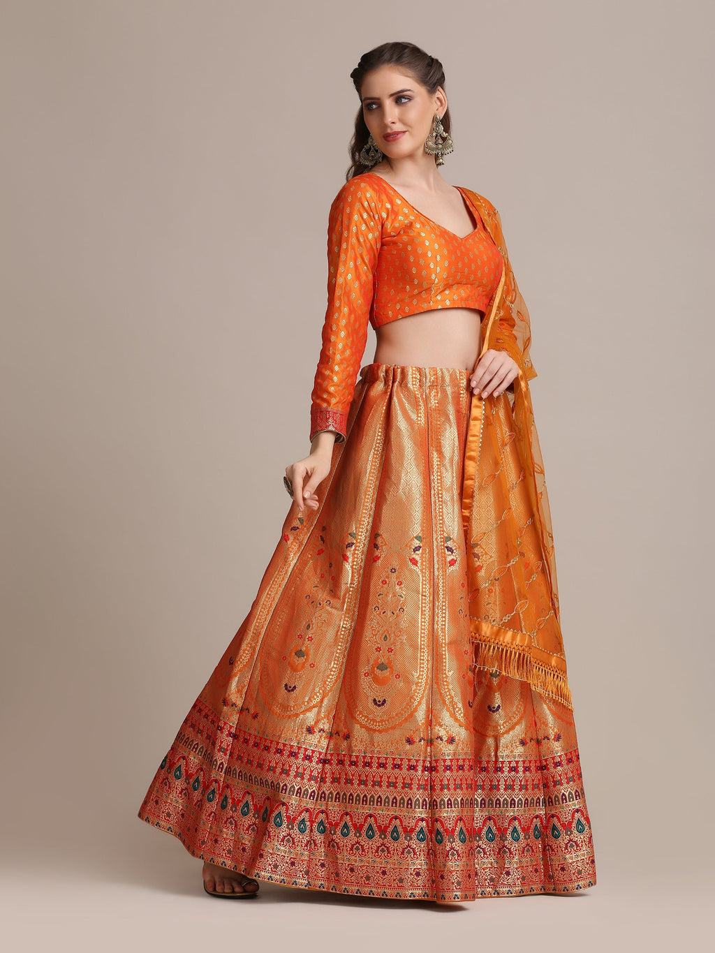 Jyoti Fashion Women's Orange Jacquard Silk Gold Woven Work Lehenga Choli with Dupatta | Grocsy