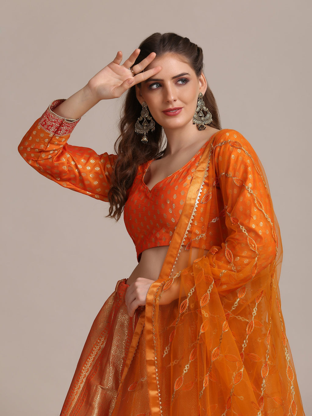 Jyoti Fashion Women's Orange Jacquard Silk Gold Woven Work Lehenga Choli with Dupatta | Grocsy