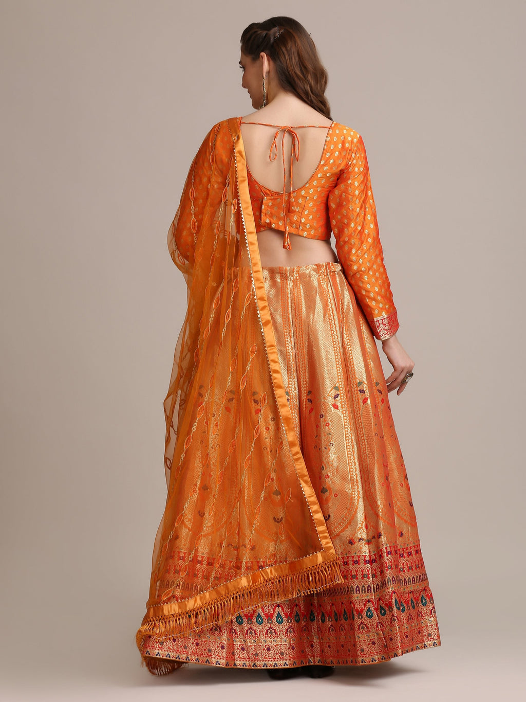 Jyoti Fashion Women's Orange Jacquard Silk Gold Woven Work Lehenga Choli with Dupatta | Grocsy