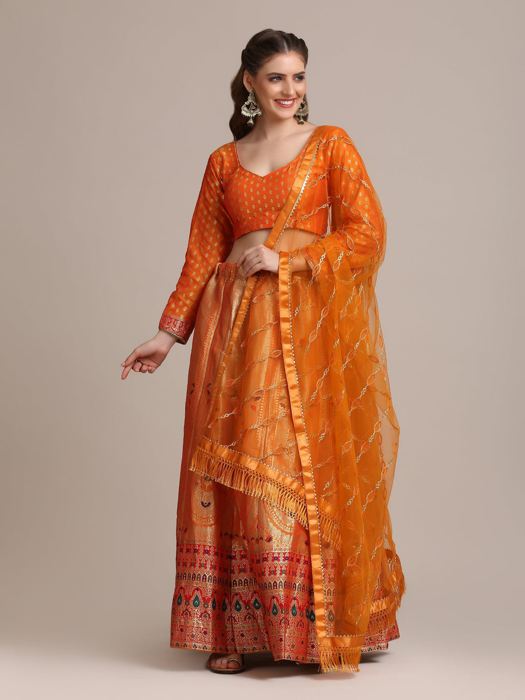 Jyoti Fashion Women's Orange Jacquard Silk Gold Woven Work Lehenga Choli with Dupatta | Grocsy